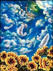emotion, beautiful oil painting, art, surrealism,fine art, hiroko sakai, spiritual, inspiring painting, inspiring art, cool art, sky, angel, feather, door, rainbow, sun flower, fine day, fantasy painting, angel painting, love