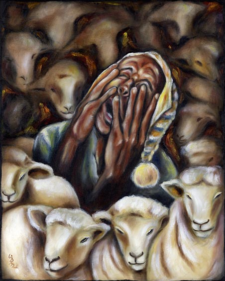  funny art, funny paintings, humorous paintings, night, nightmare of sheep, insomnia, funny man's face painting, counting sheep funny, sheep, too many sheep to sleep, funny nightmare painting